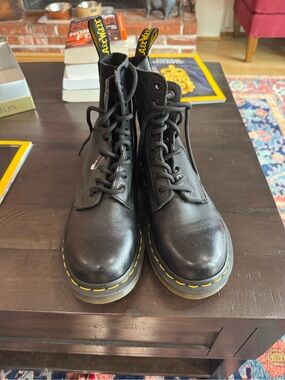 Dr. Martens Pascal Black Leather Lace-Up Boots with Yellow Stitching NWOB $180